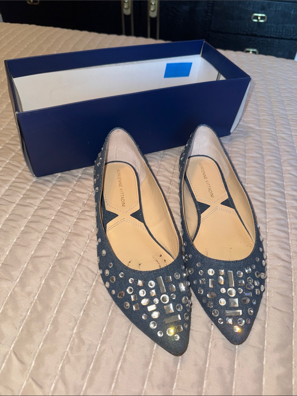 Adrienne Vittadini Denim Pointed Toe Flats with Gem Studs